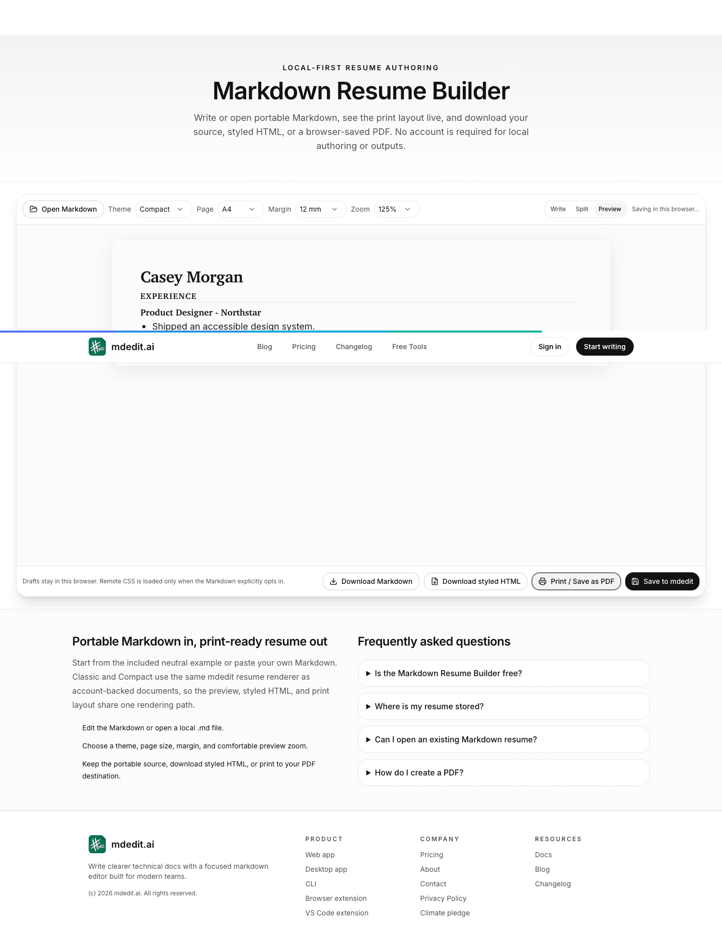 Markdown Resume Builder showing source controls and a live resume preview