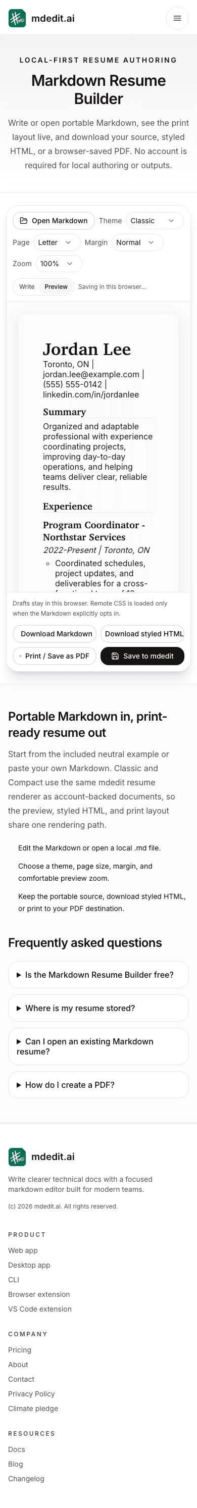 Markdown Resume Builder showing source controls and a live resume preview