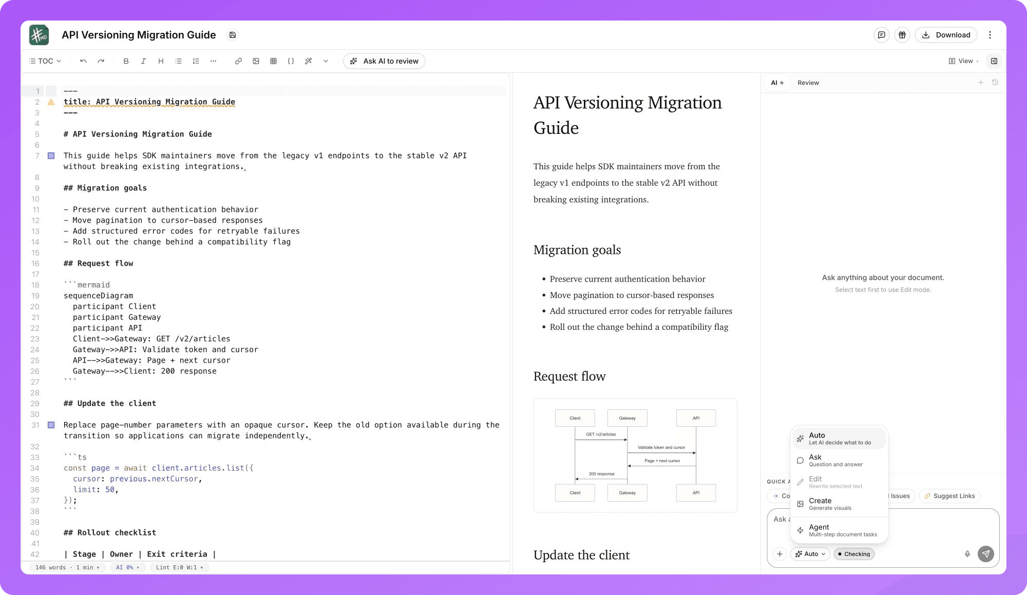 AI mode chooser showing Ask, Edit, Create, and advanced Agent modes