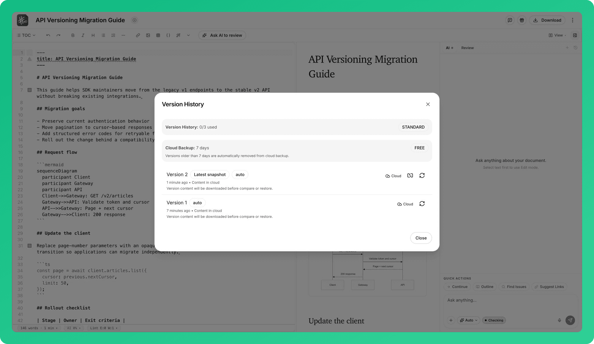 Automatic cloud version history with compare and restore controls