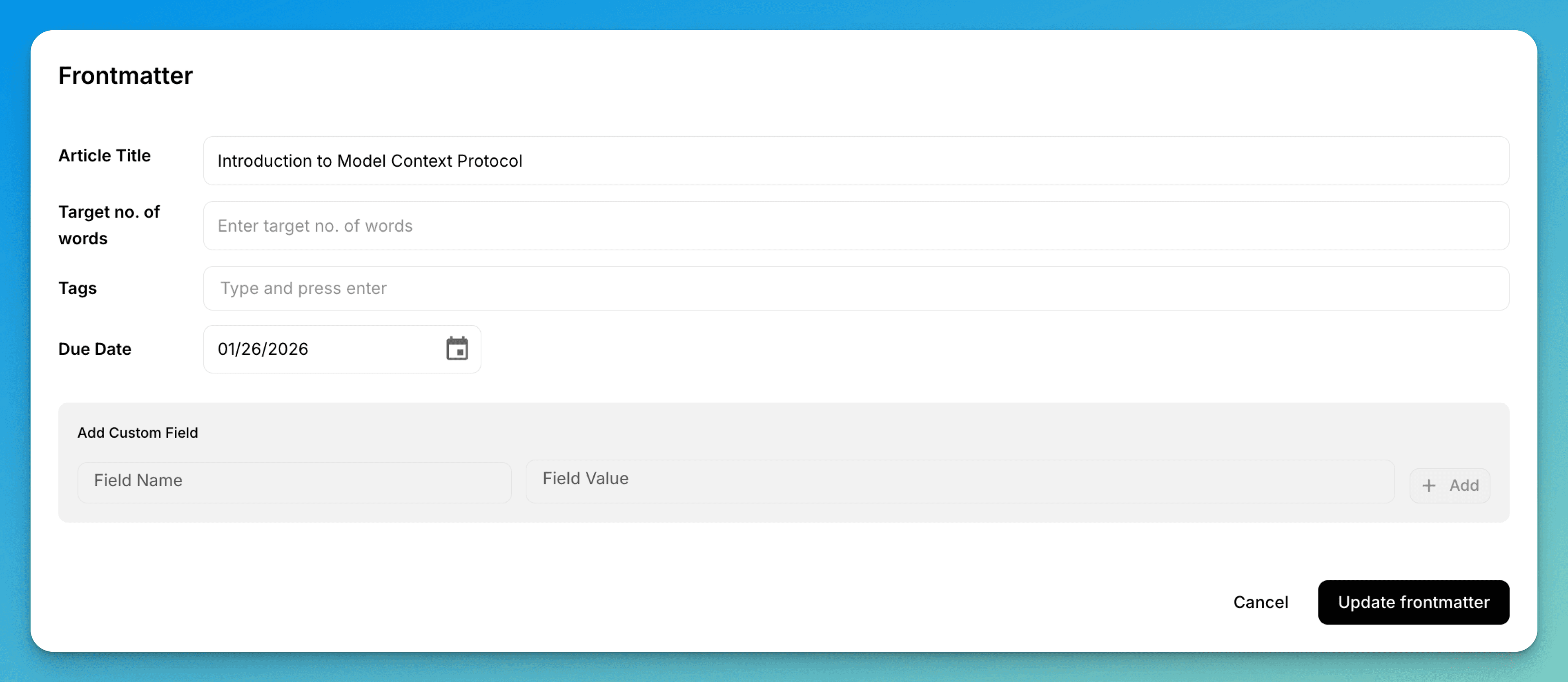 Frontmatter metadata editor for a technical Markdown document