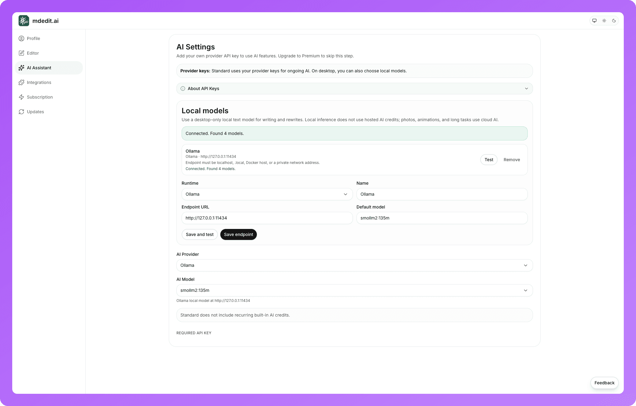 mdedit.ai desktop AI settings connected to a local Ollama endpoint with detected models listed