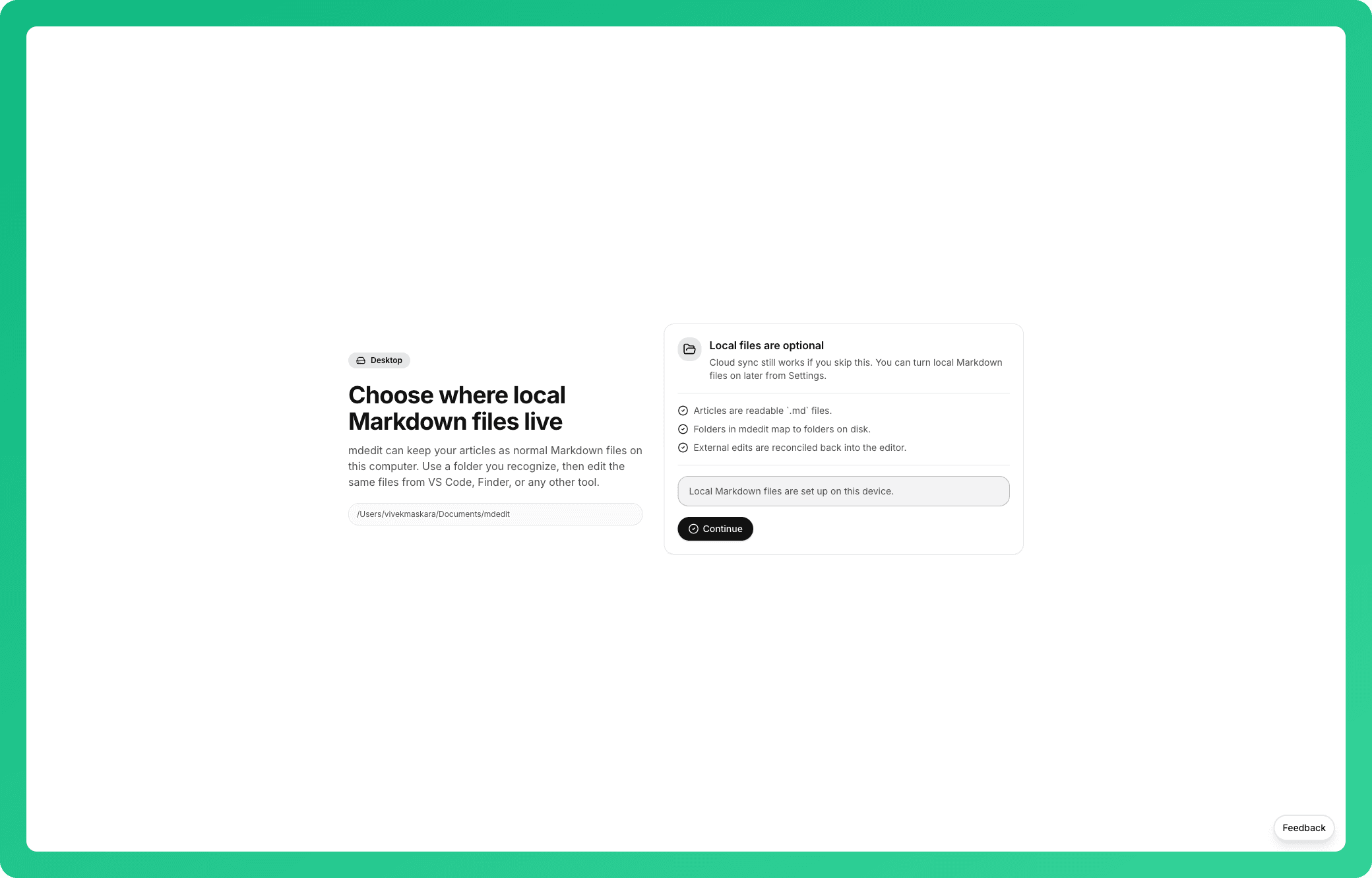 mdedit.ai desktop app editing Markdown files from a local workspace folder