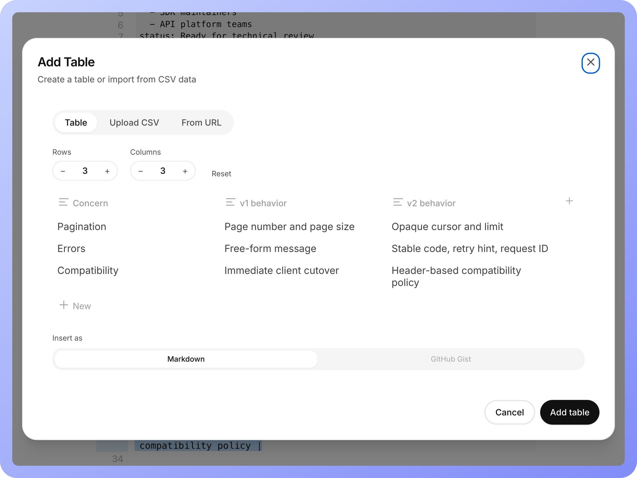 Edit a Markdown table visually.