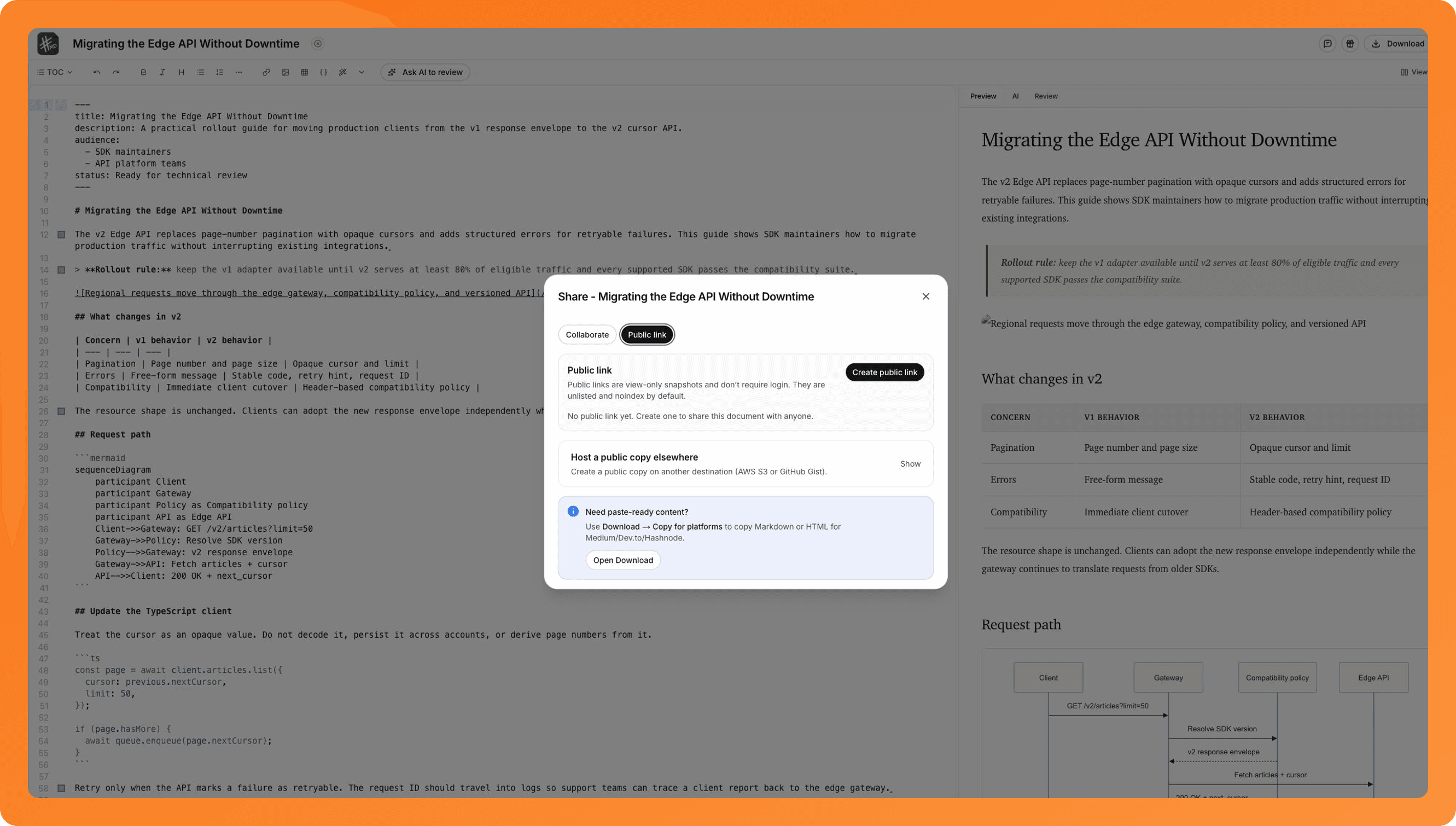 Public-link and hosted-copy options for sharing a technical migration guide