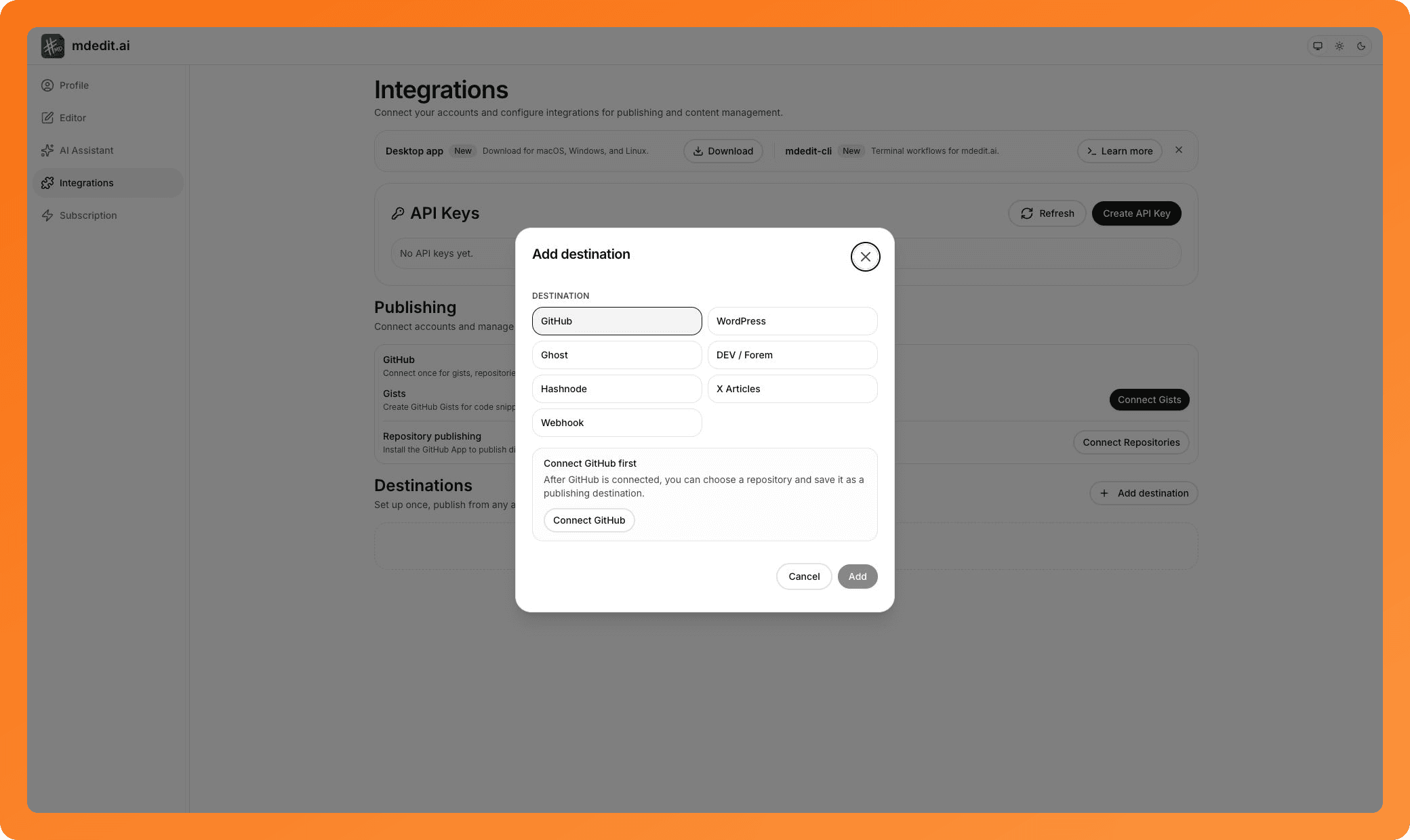 Publishing destinations for GitHub, WordPress, Ghost, DEV, Hashnode, X Articles, and webhooks